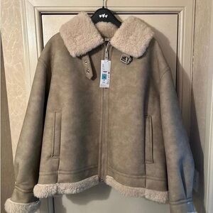 Primark Beige Bomber Jacket with Shearling Trim